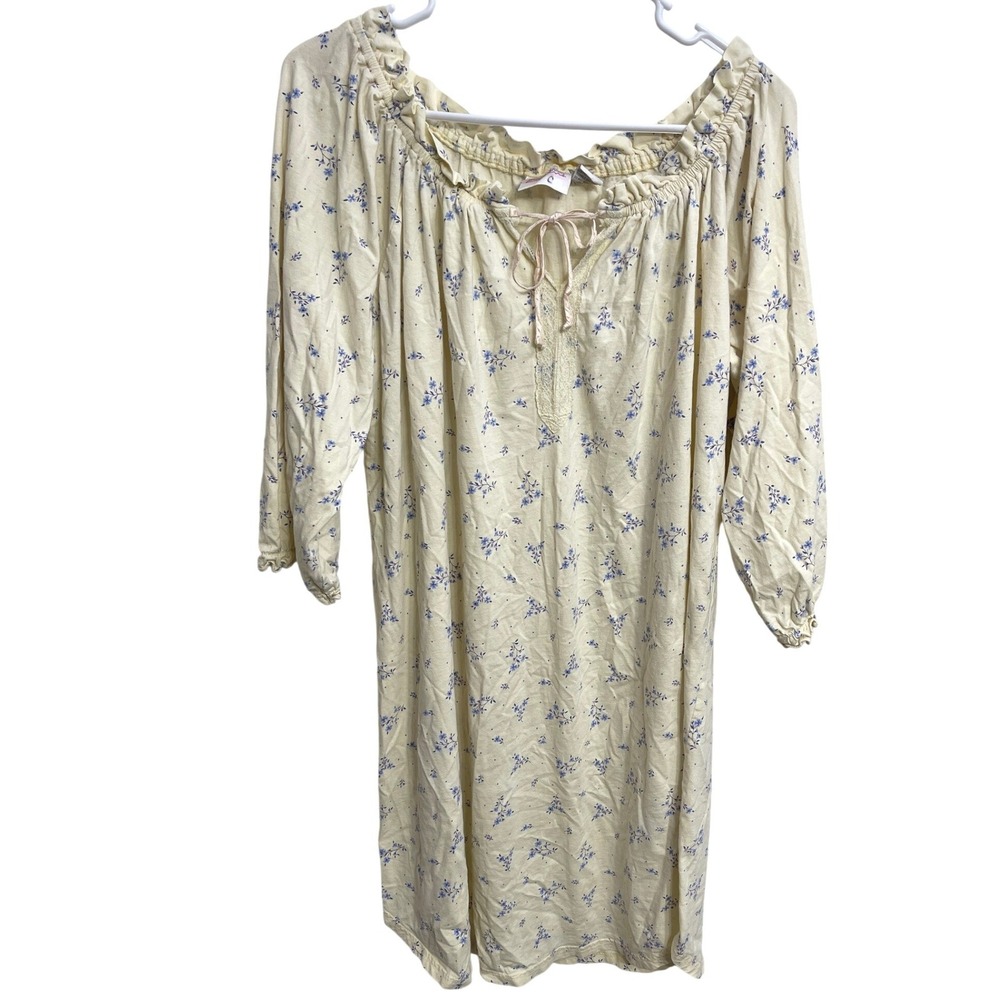 Vintage 90s Cottagecore Floral Cotton Nightgown Dress Prairie Butter Yellow‎ M